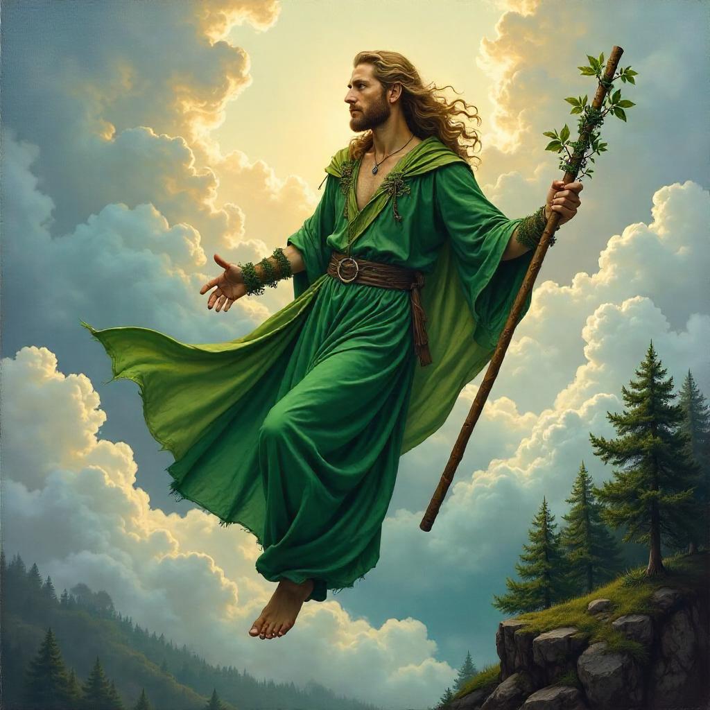 Floating Druid in Golden Cloudscape