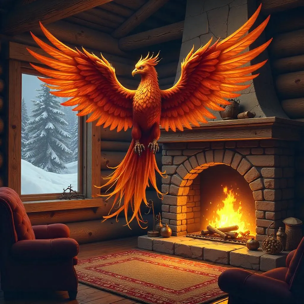 Phoenix in a Cozy Log Cabin — Digital Art