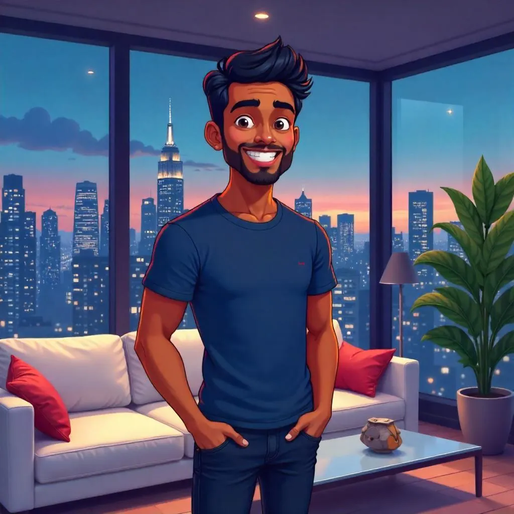 Cartoon Indian Man in a Lux Penthouse at Dusk