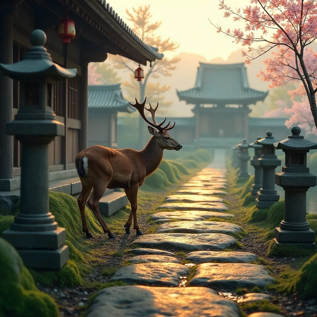 Peaceful Deer by Stone Lanterns at a Historic Japanese Temple