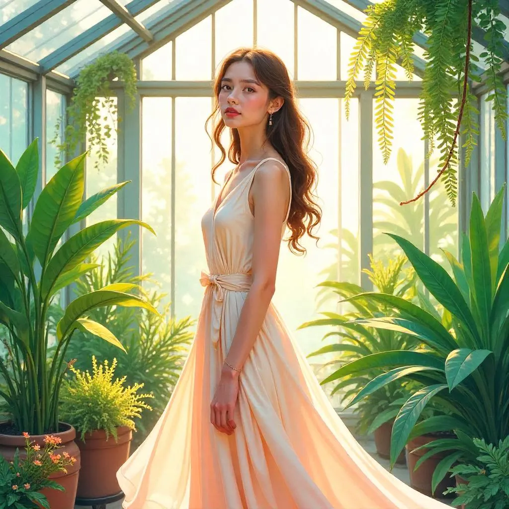 Elegant watercolor portrait in a greenhouse