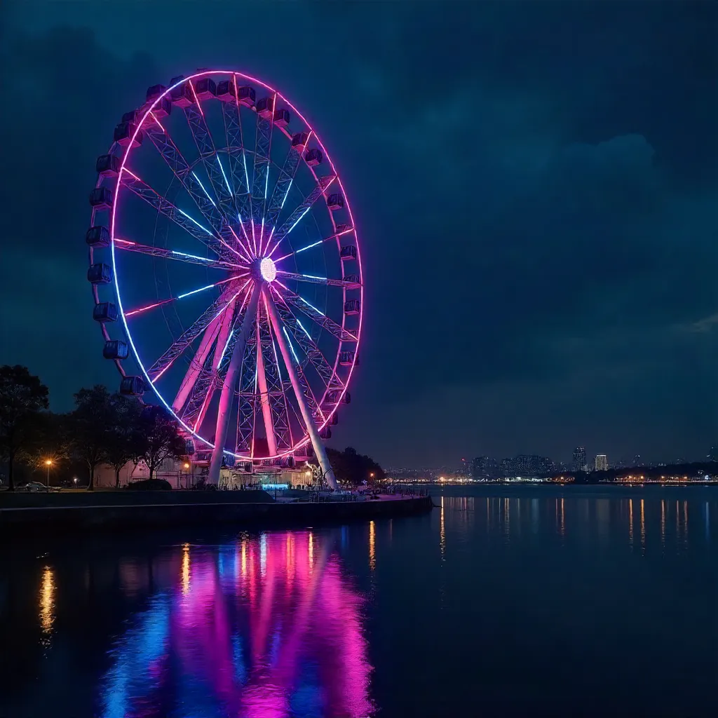 Illuminated Ferris Wheel Reflections at Night