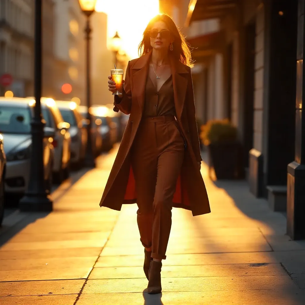 Golden Hour Chic: Brown Attire Sunset Stroll