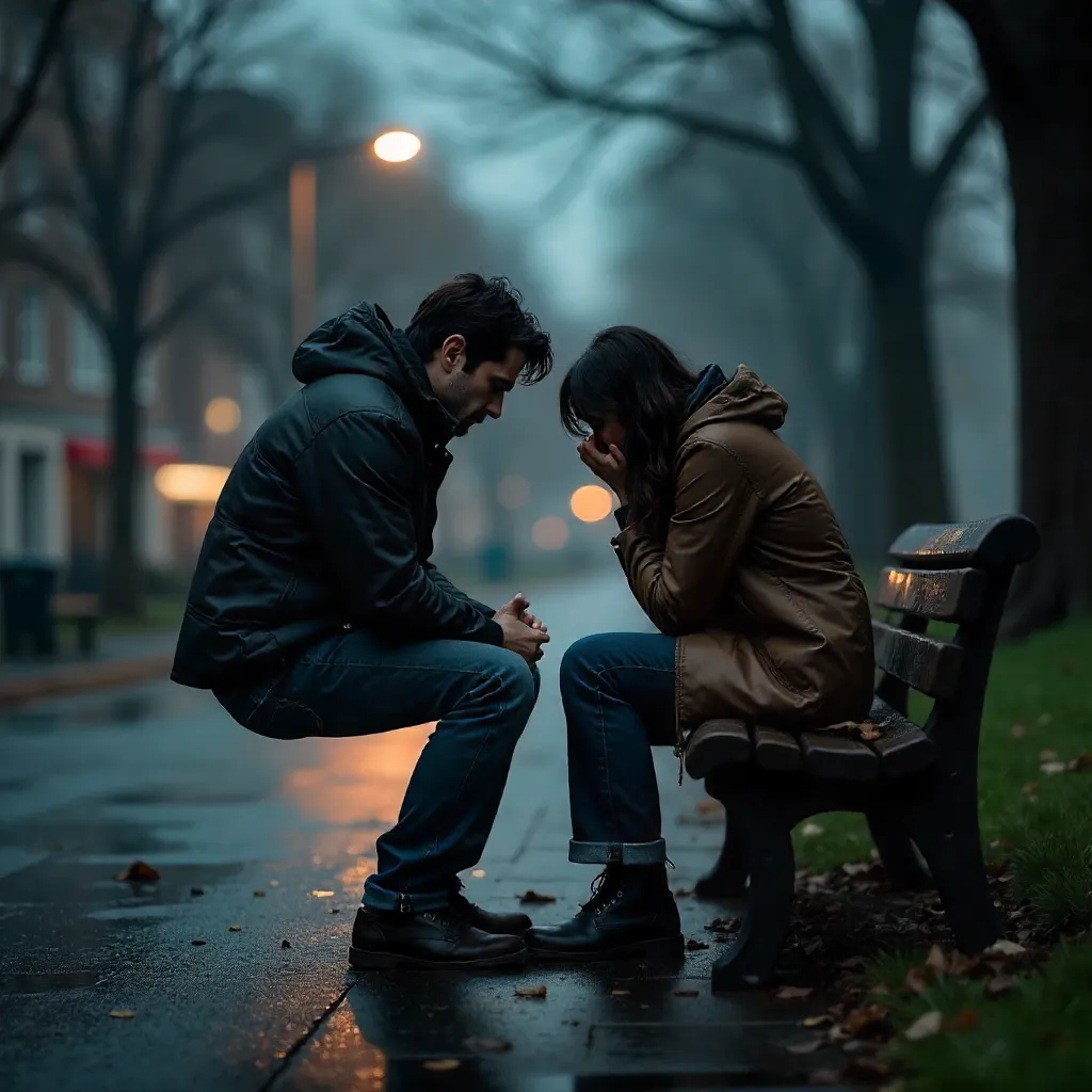Tense Moment on an Outdoor Bench: Emotional Distress