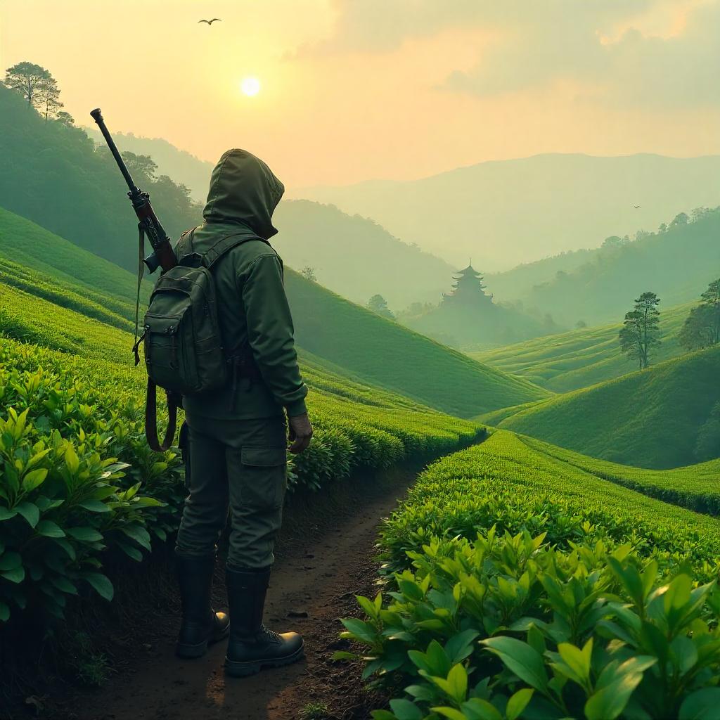 Hunter in a Misty Tea Plantation — Concept Art