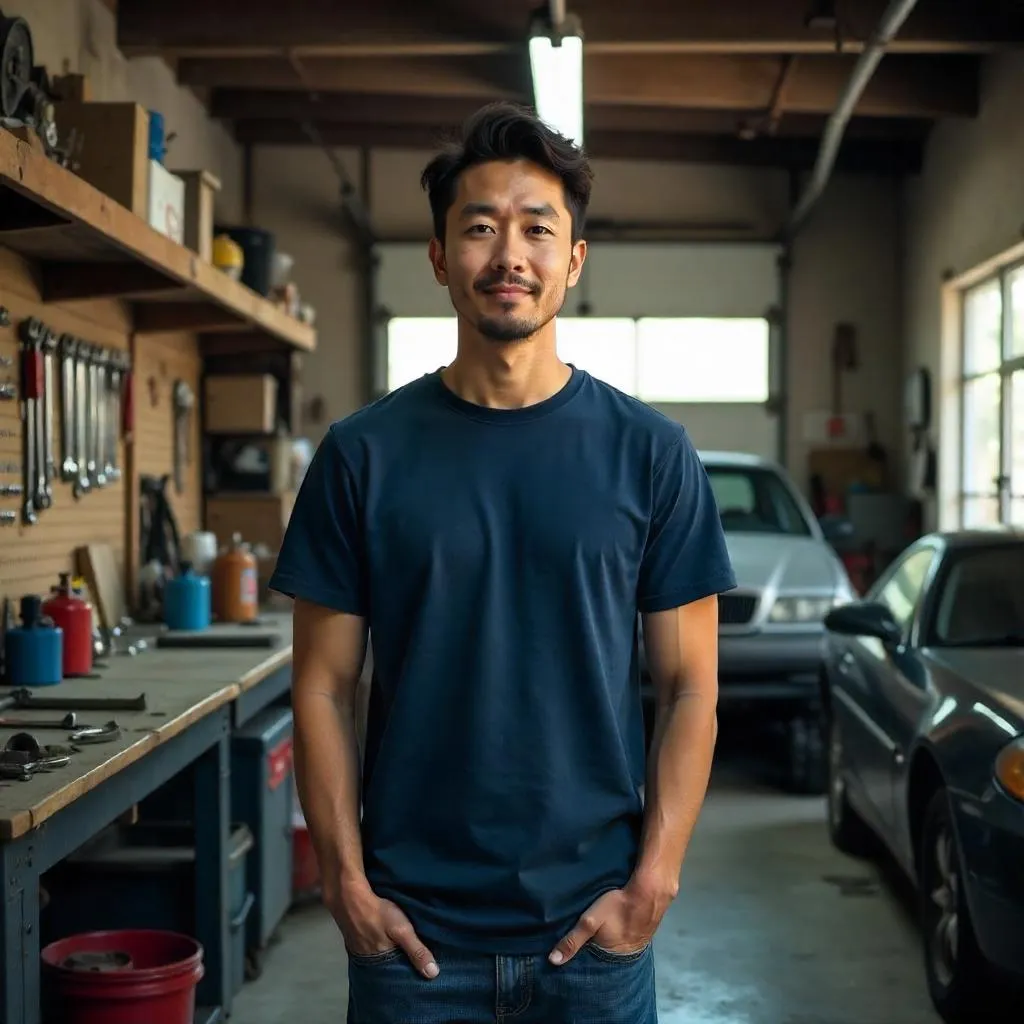 Photorealistic Portrait of a Young Asian Man in a Garage