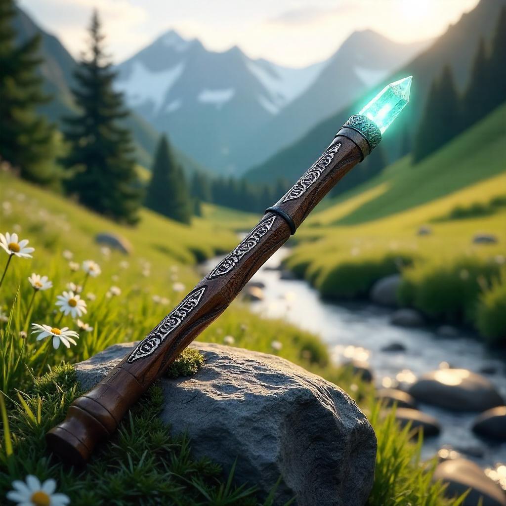 Photorealistic Magic Wand in Alpine Meadow