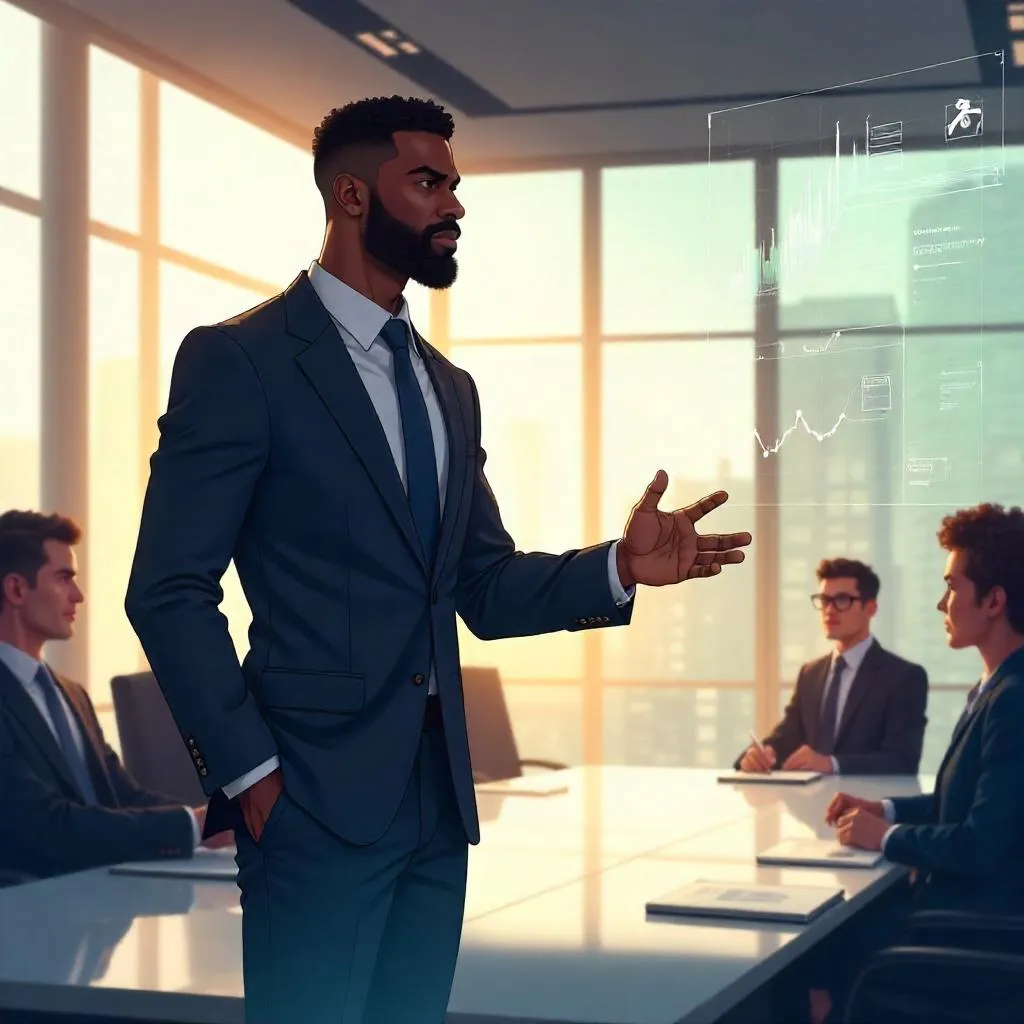 Charismatic Anime Black Man in a Modern Boardroom