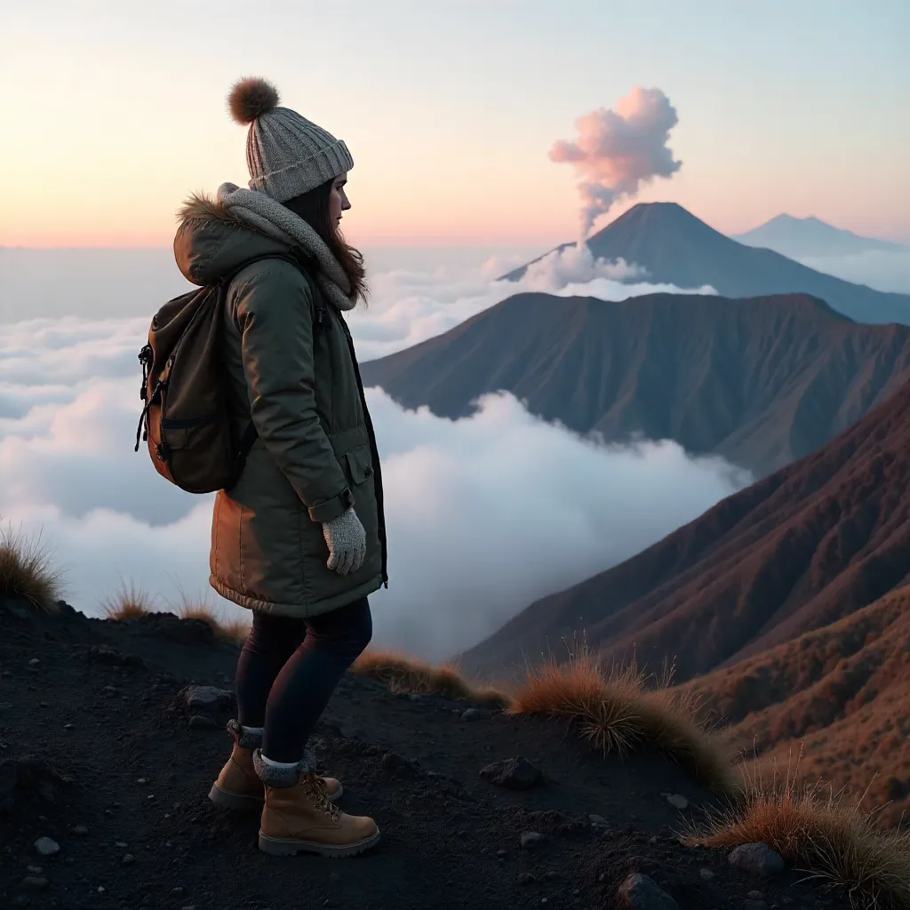Mist at Dawn: Woman Before Mount Bromo