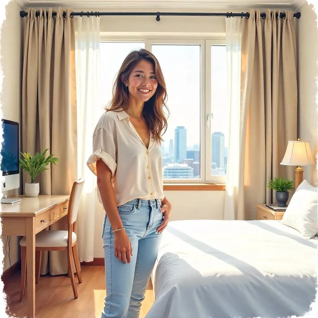 Cheerful White Woman in a Sunlit Hotel Room - Watercolor