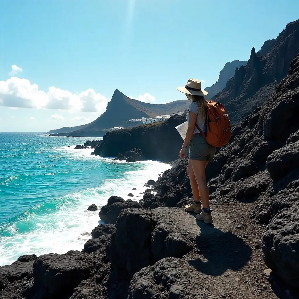 Woman Exploring Lanzarote's Dragon Rocks on a Clear Day