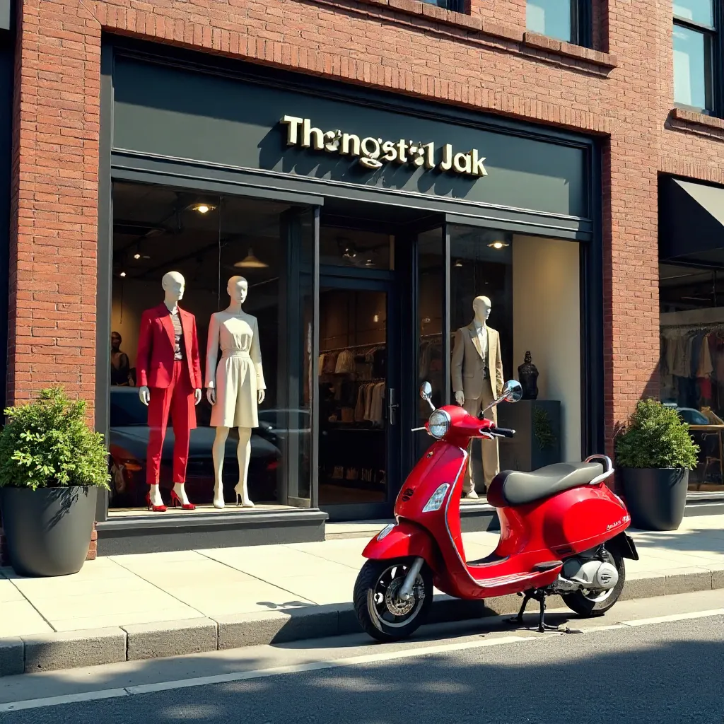 Sunny Urban Boutique Exterior with Red Scooter