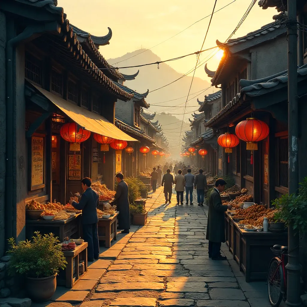 Golden Hour on a Traditional Wooden Market Street in China