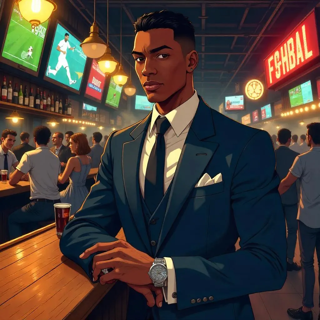 Elegant Black Man in Anime Style at a Sports Bar
