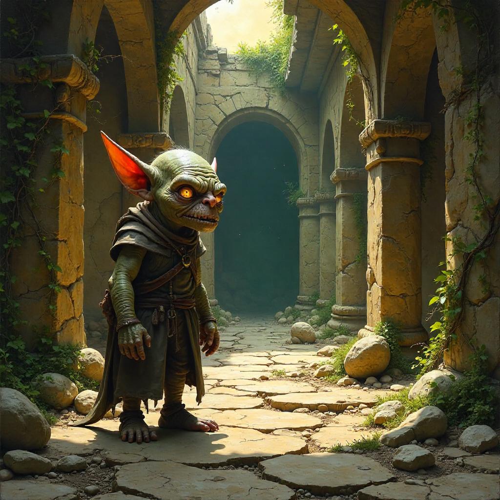 Goblin Amid Temple Ruins: An Oil Painting