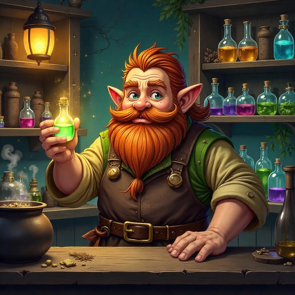 Dwarf Alchemist in a Glowing Potion Shop