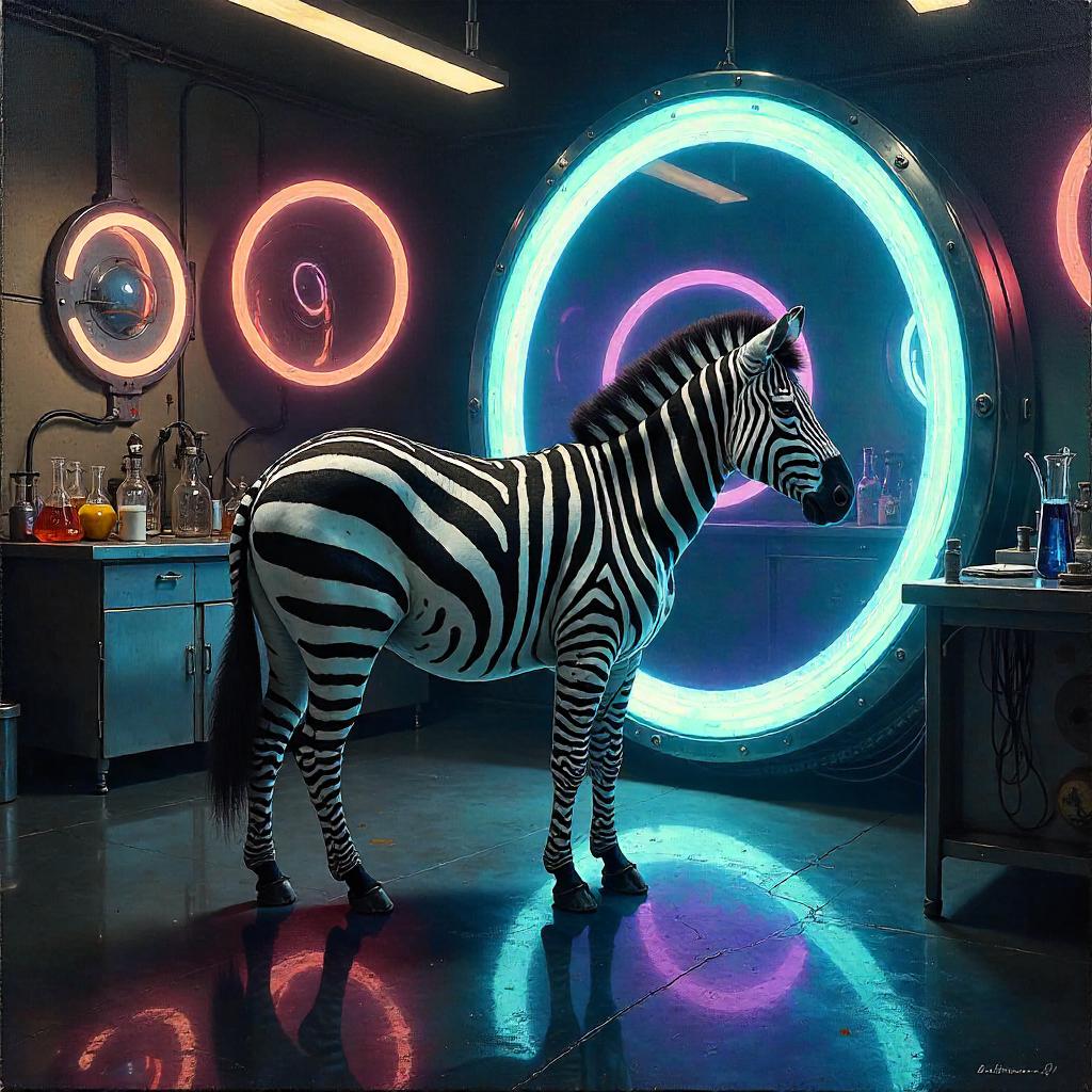 Zebra in a Portal Lab: An Oil Painting