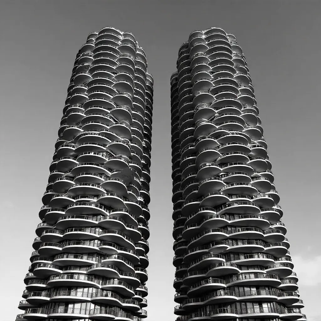 Monochrome Marina City Towers with Honeycomb Facades