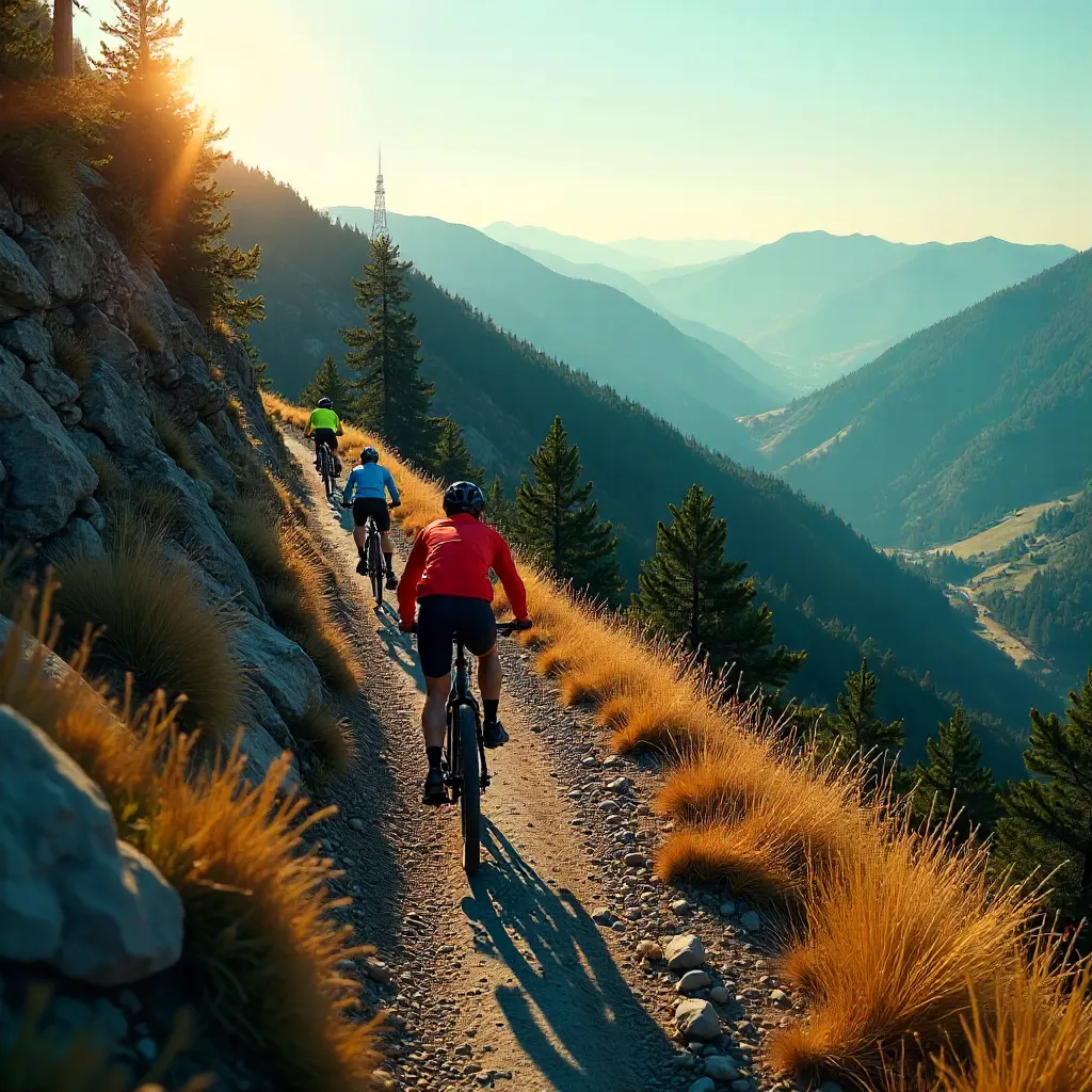 Cyclists on Mountain Trail with Distant TV Tower