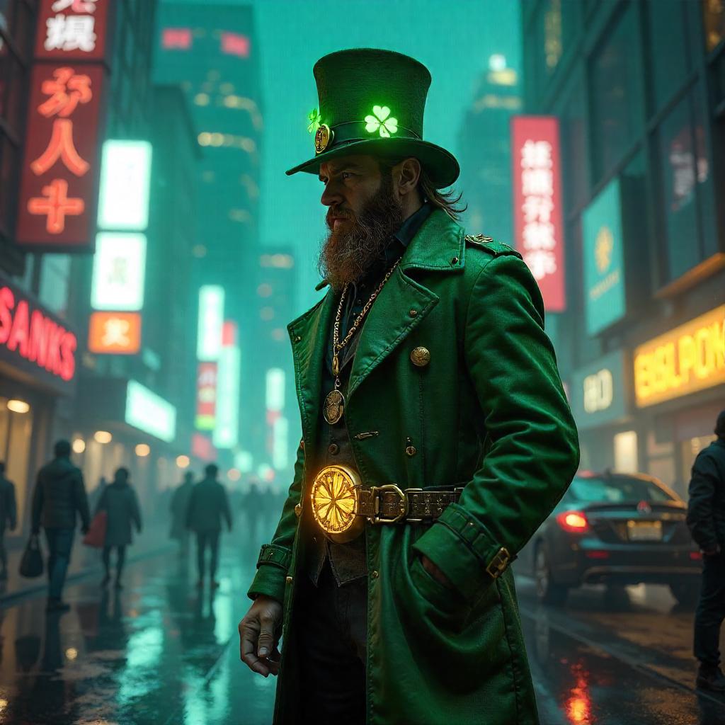 Neon Leprechaun: 3D Cyberpunk City Portrait