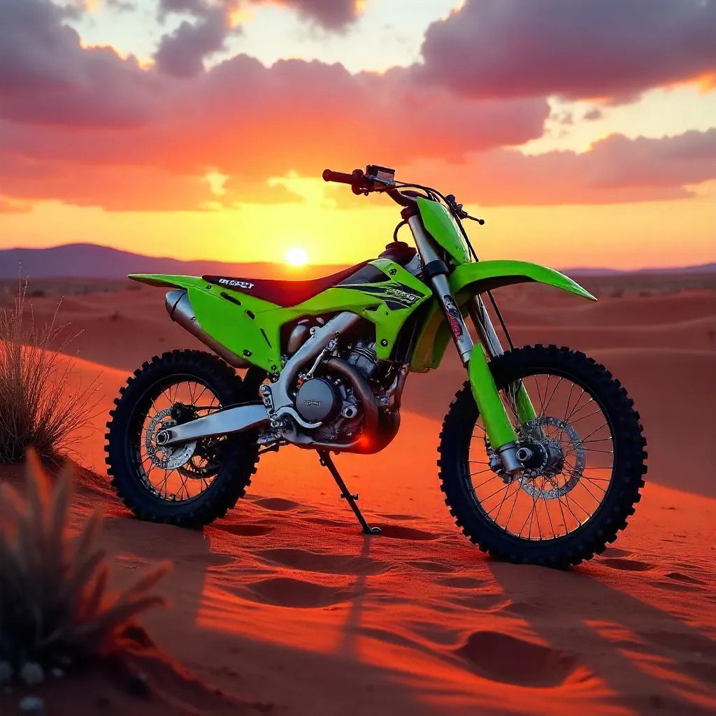 Vibrant Dirt Bike on Red Desert at Sunset