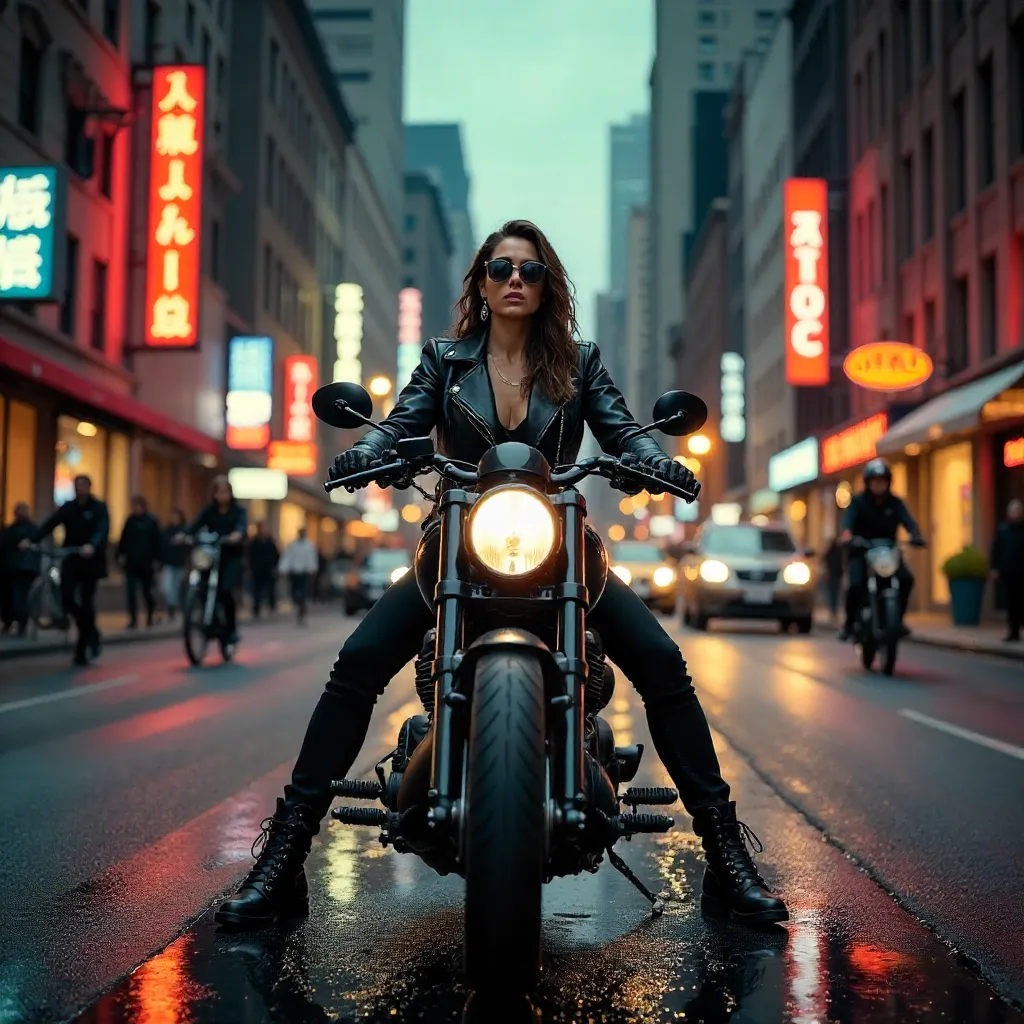 Confident Woman on a Black Motorcycle in the City