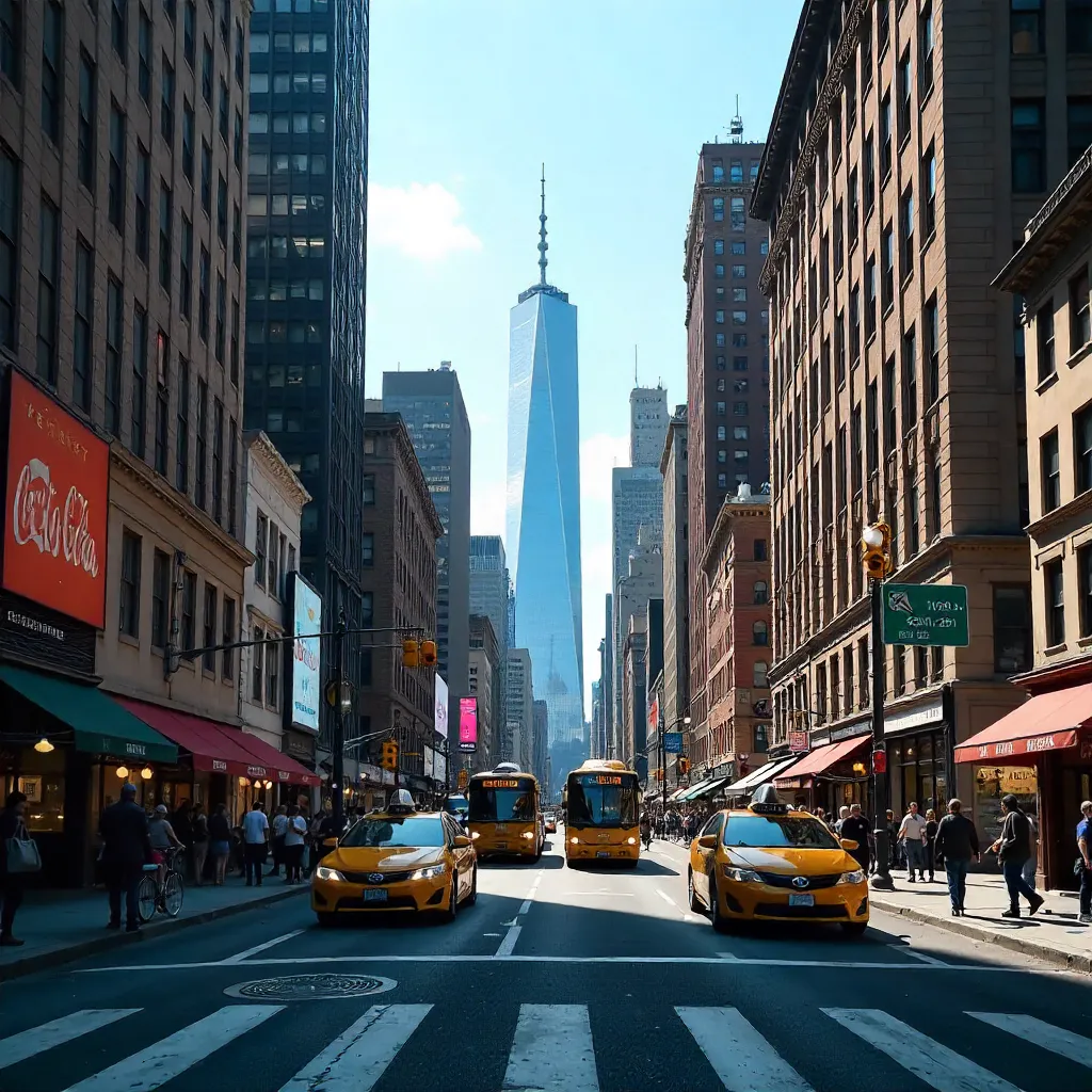 Bustling NYC Street with One World Trade Center