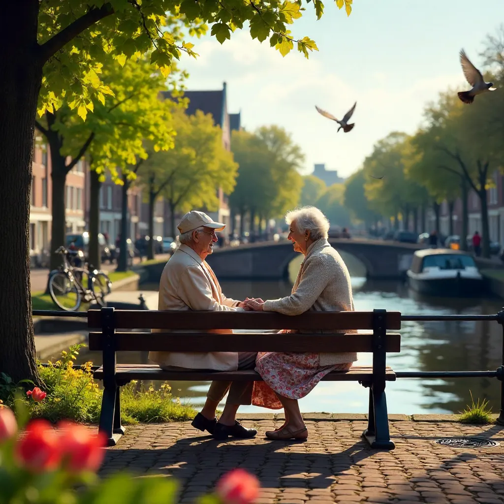 Serene Amsterdam Bench: Elderly Couple in Sunshine