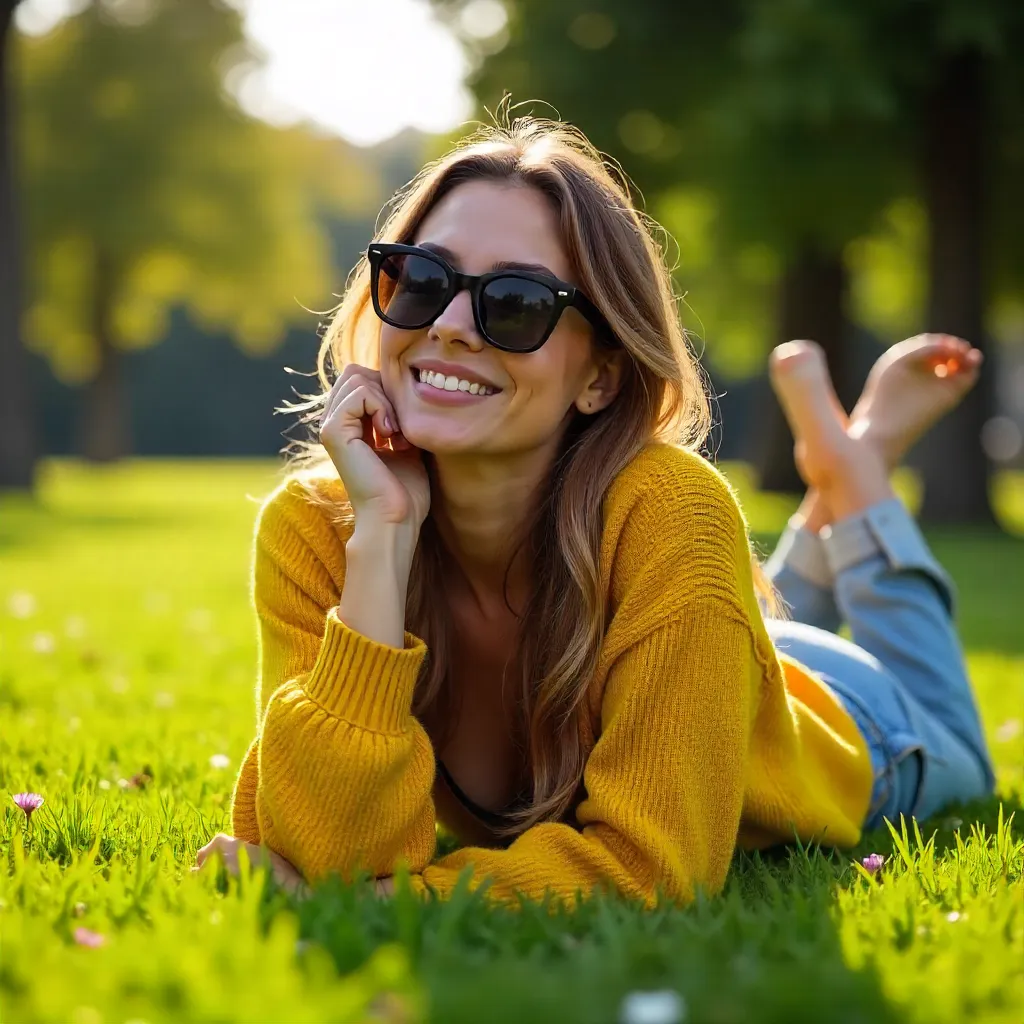 Sunny Chic on Grass: Woman in Yellow Sweater