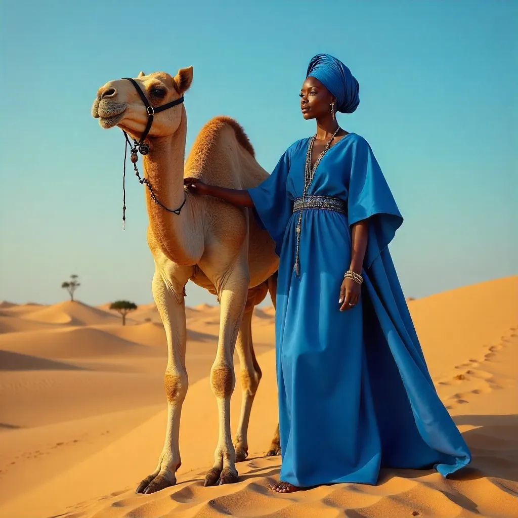 Blue Nigerian Attire with Camel in Sahel Desert
