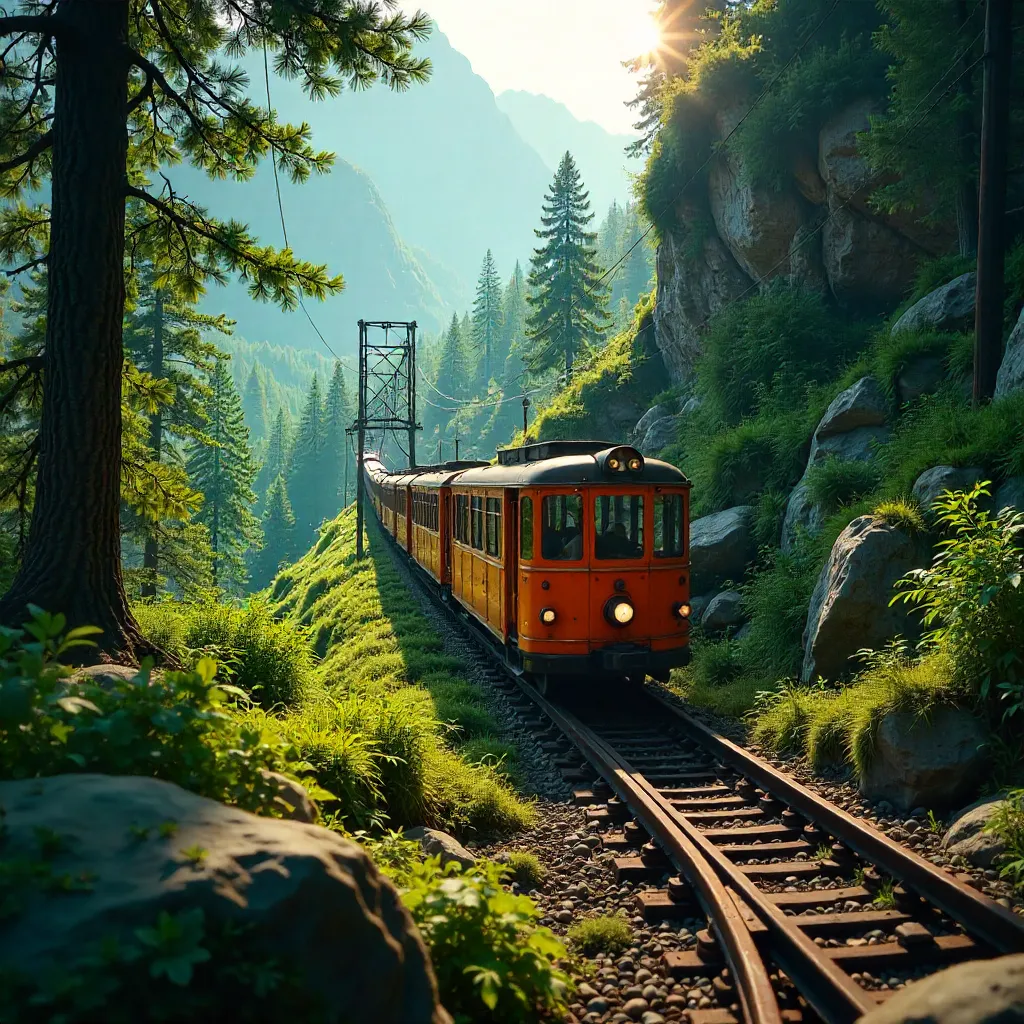 Orange Funicular Climbing Through Emerald Forest