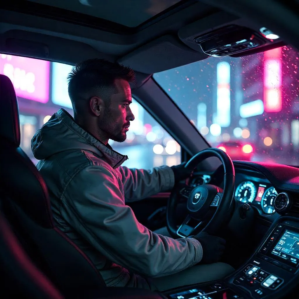 Neon Cyberpunk Car: Athletic White Man