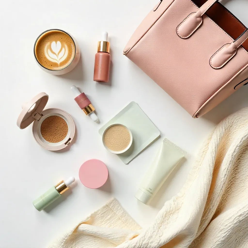 Flat lay: Asian cosmetics, coffee, bag and clothing