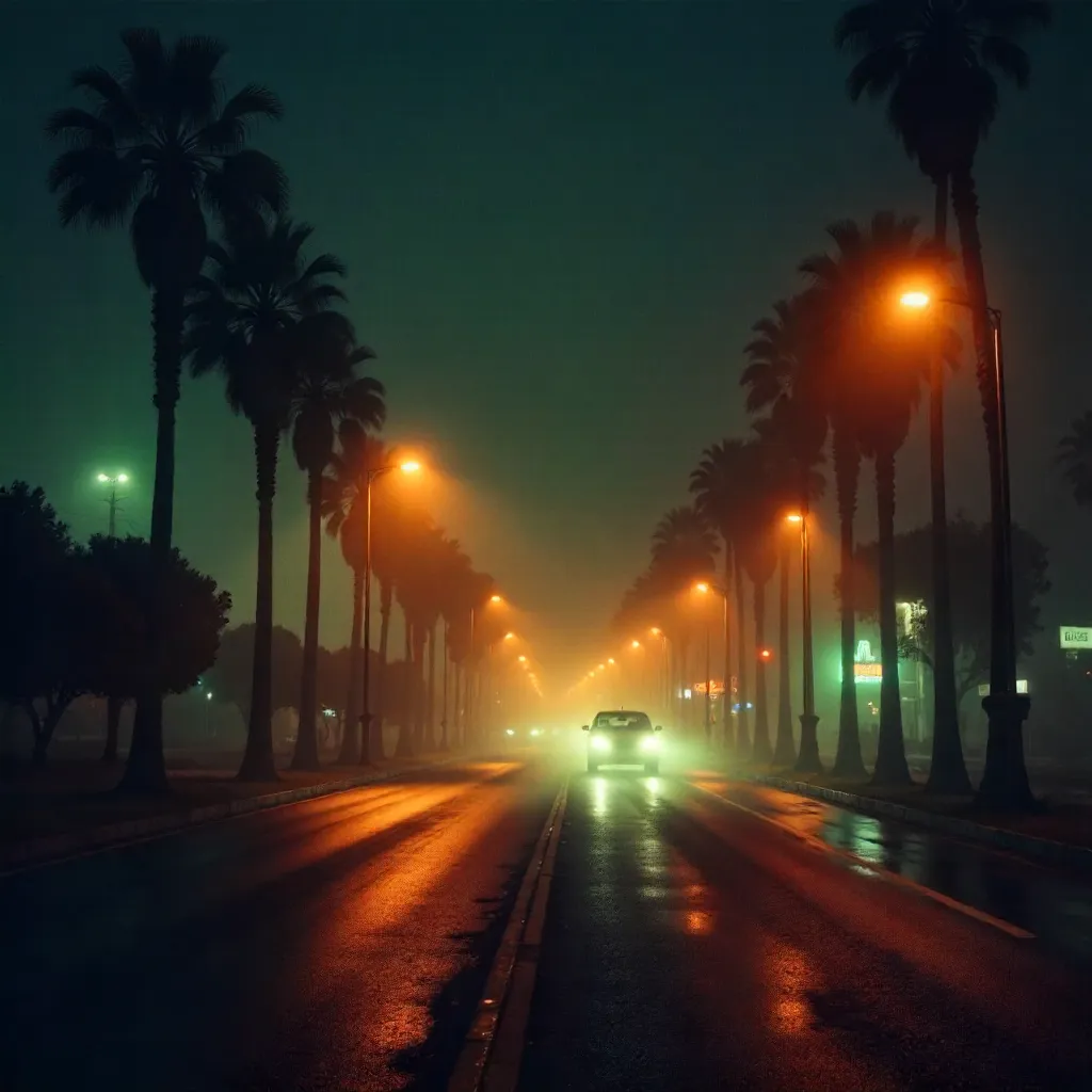 Foggy LA Night: Silhouettes, Car, and Streetlights