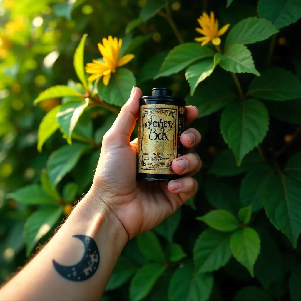 Moon Tattooed Hand with Film Roll Amid Tropical Blooms