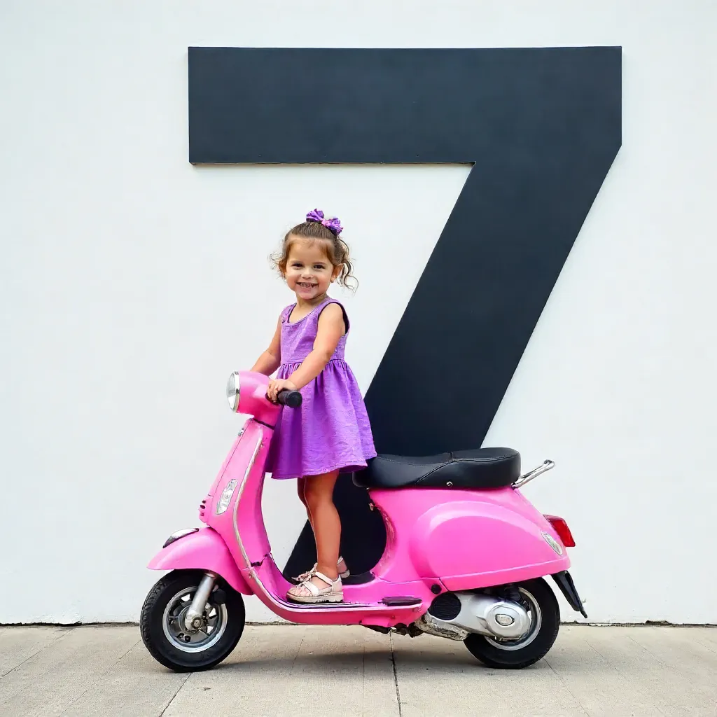 Playful Child on Pink Scooter by White Wall 7