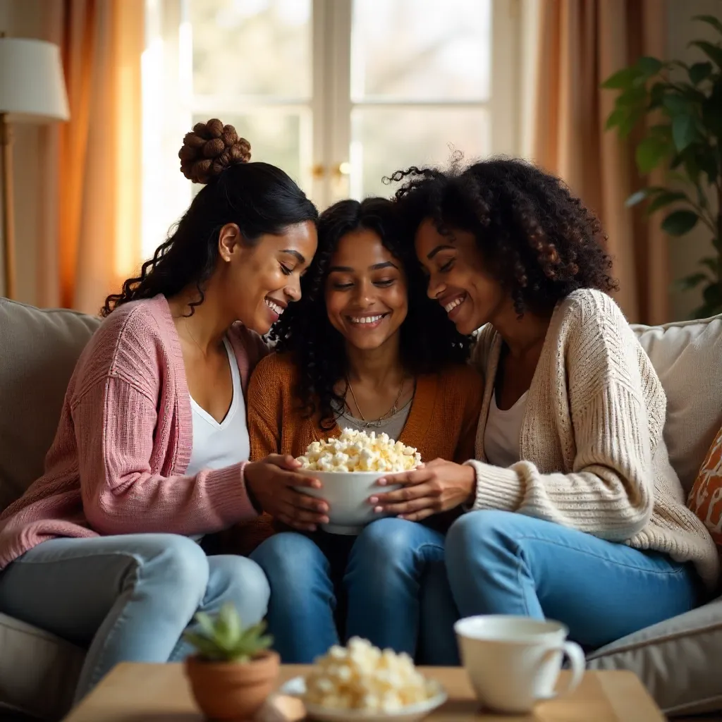 Cozy Night of Comfort: Three Friends Sharing Popcorn