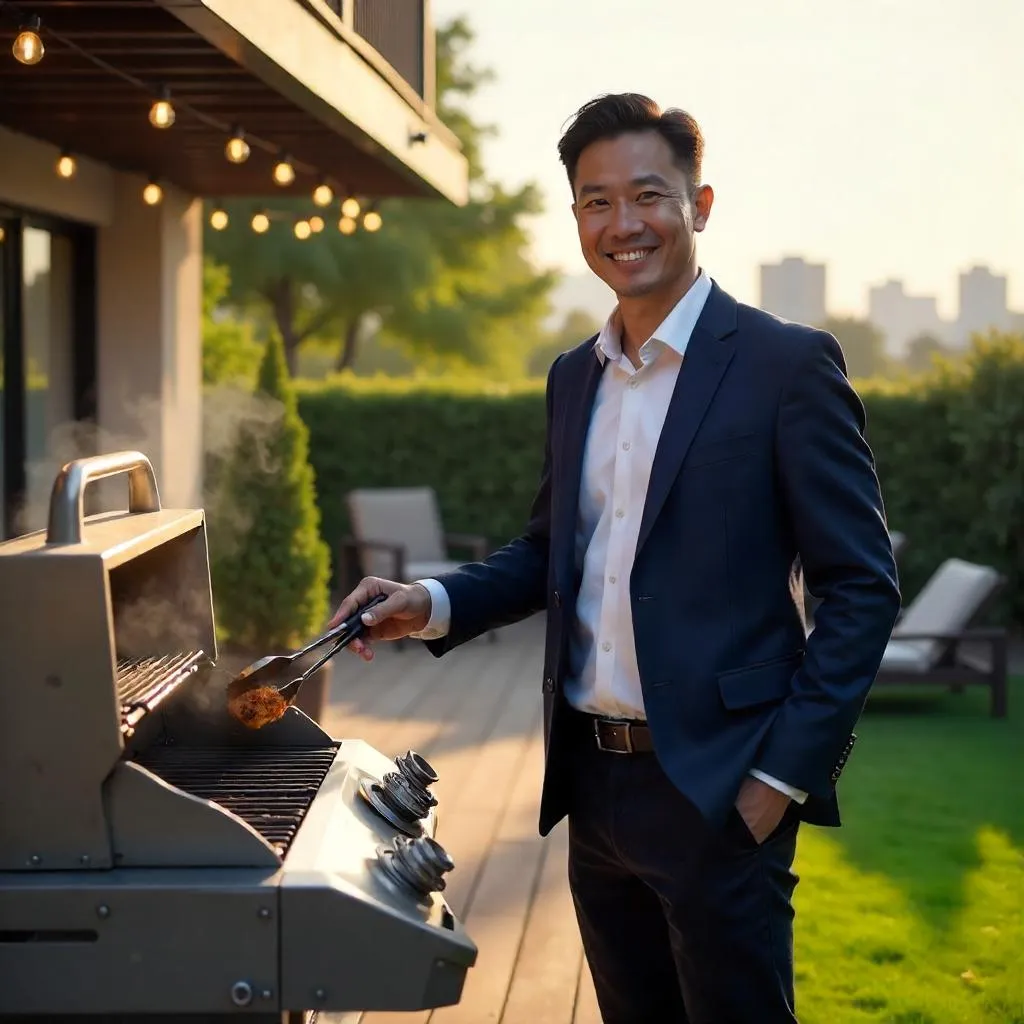 Photorealistic Professional Asian Man at a Barbecue
