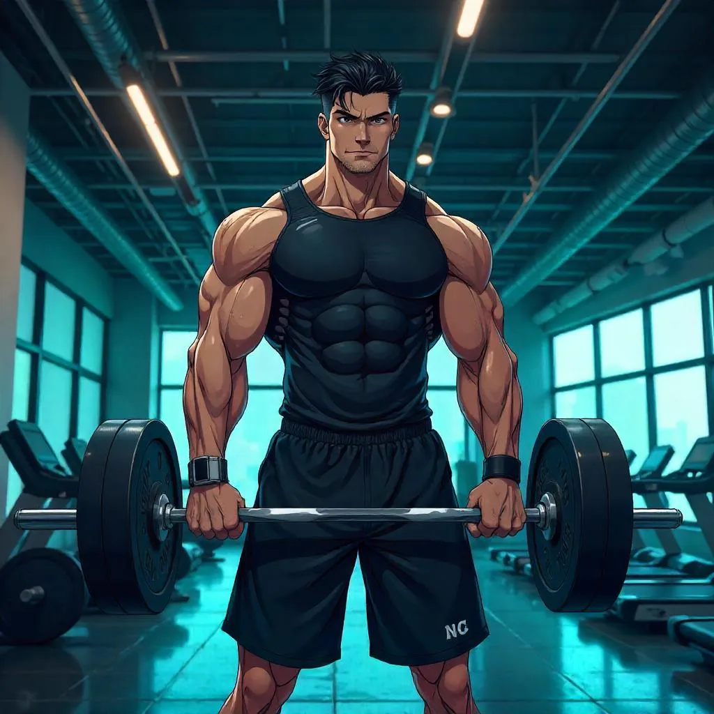 Powerful Asian Man in a Neon Gym - Anime Style