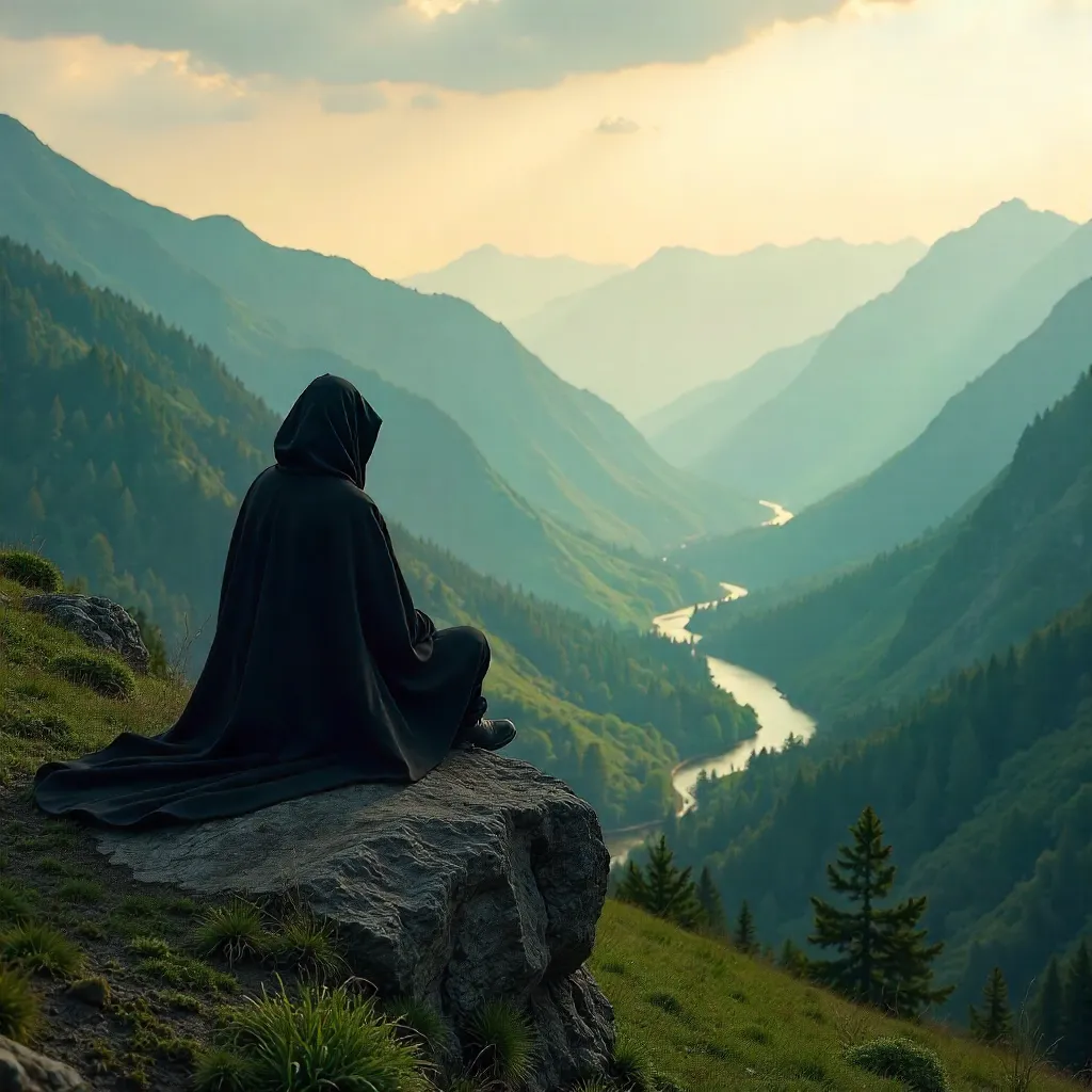 Solitary in Black Overlooking Azerbaijani Valleys