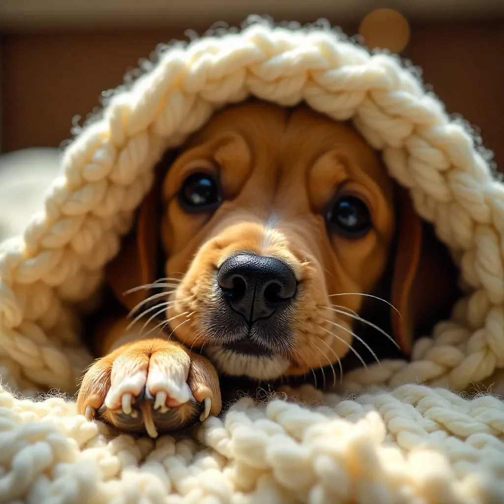 Cozy Dog Nose and Paw Peeking from Blanket