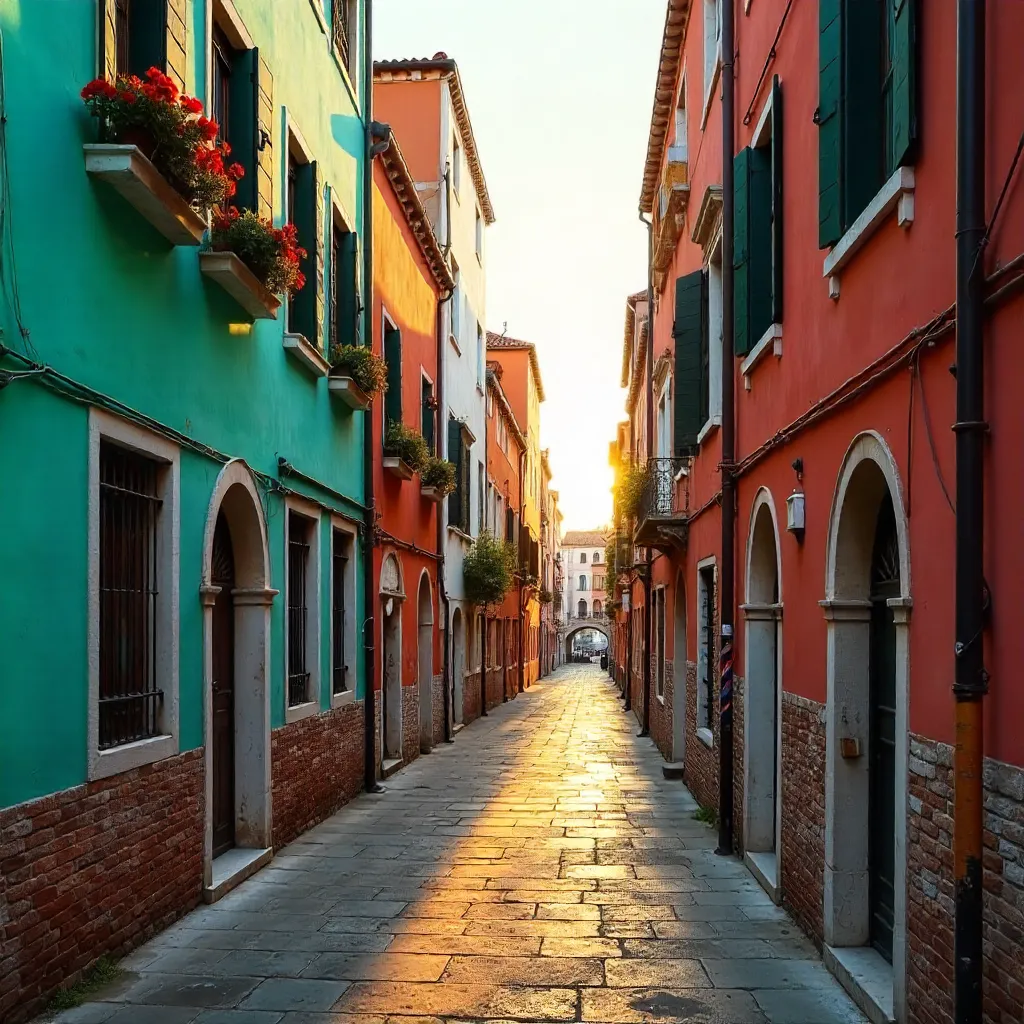 Vibrant Narrow Venice Alley with Colorful Palazzi