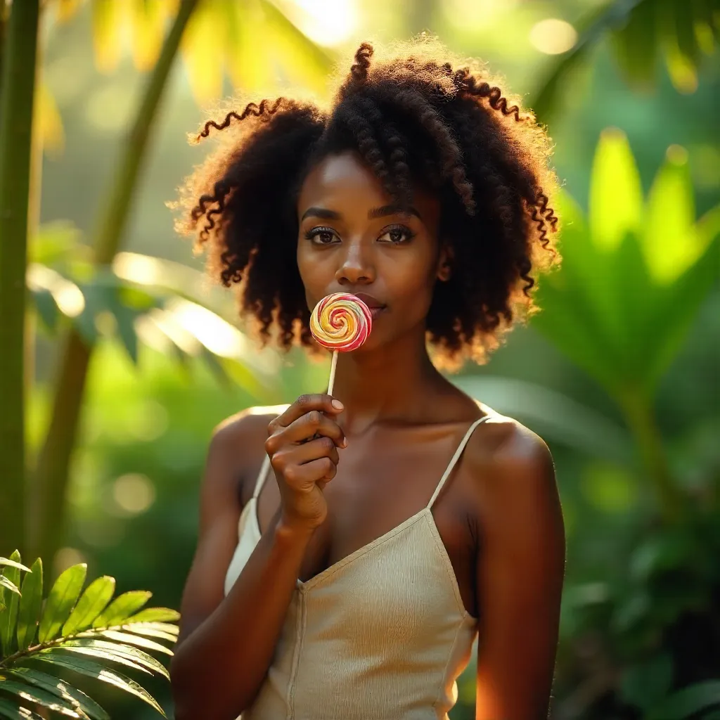 Afro-Textured Woman with Lollipop in Tropical Garden