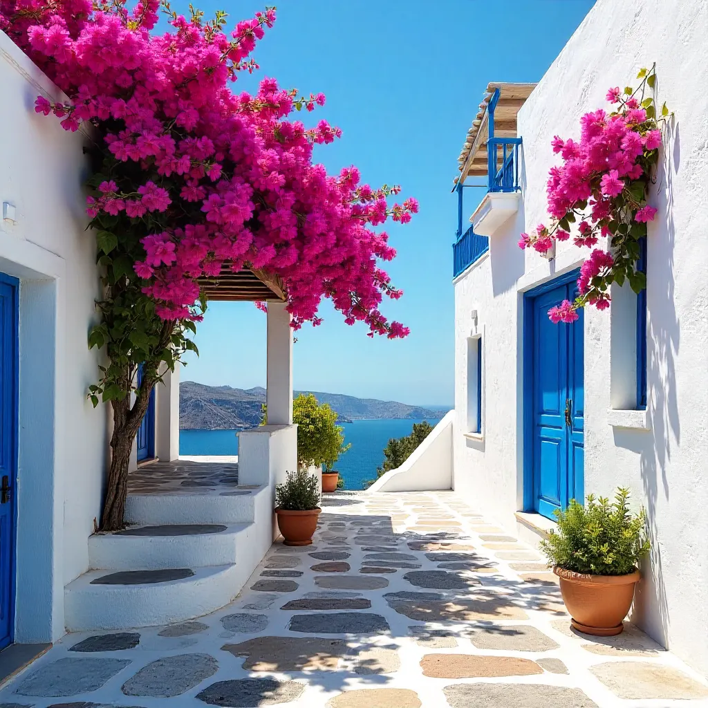 Bougainvillea over White Greek Architecture