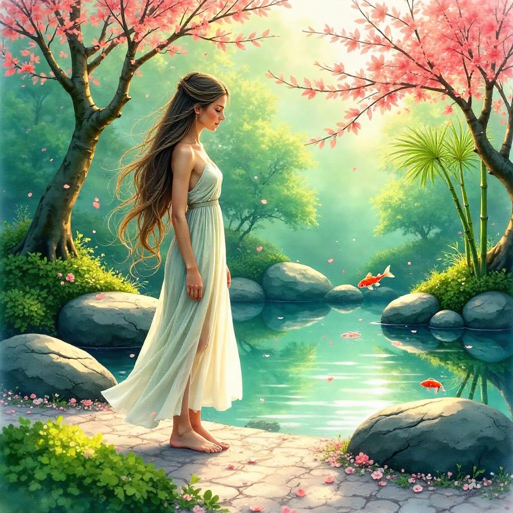 Nymph in a Zen Garden – Watercolor Dream
