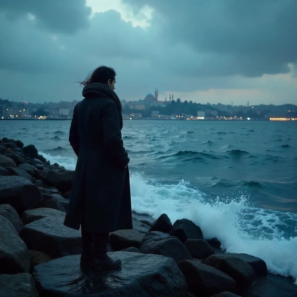 Solitary Figure on Istanbul's Rocky Shore