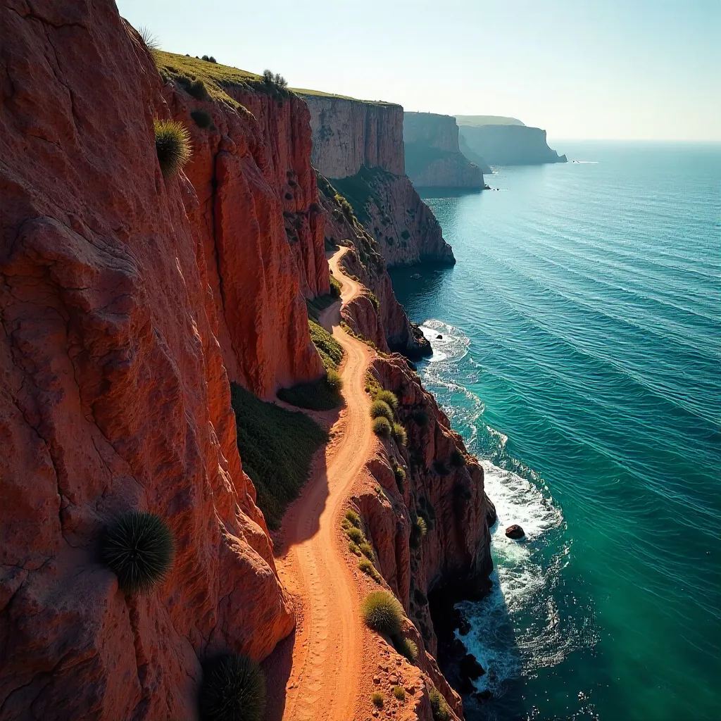 Aerial Path Through Crimson Cliffs by the Sea