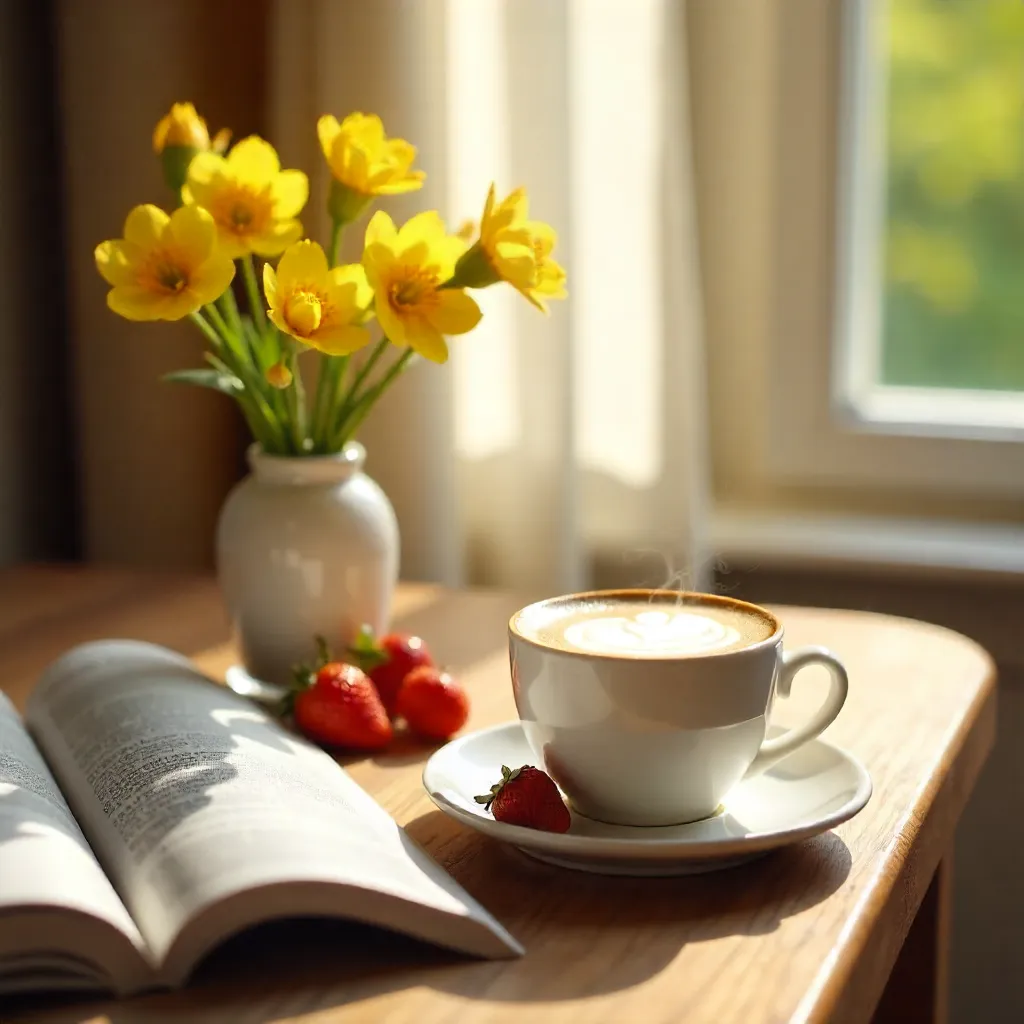 Cozy Morning Table: Cappuccino, Magazine, and Mimosa Blooms