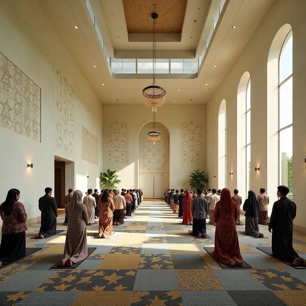 Indonesian Muslims Praying in a Modern Geometric Mosque