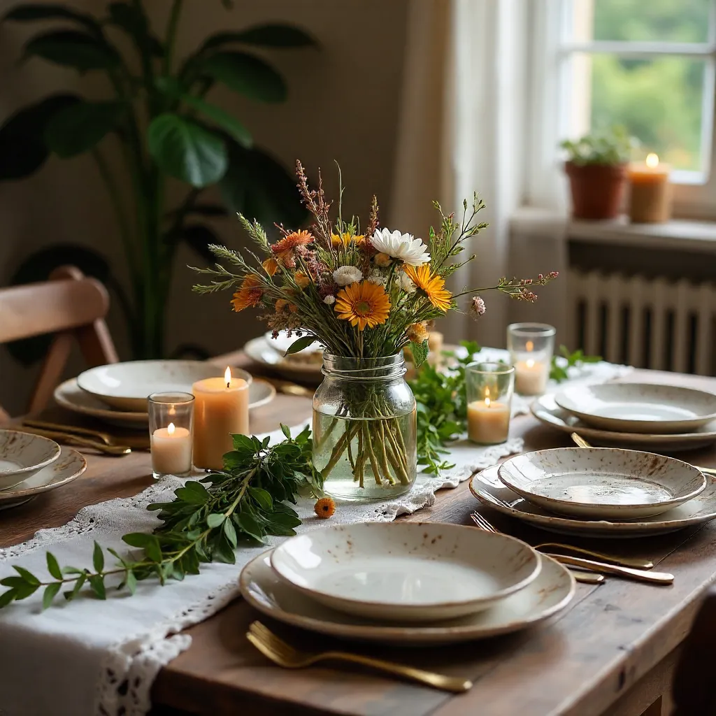 Rustic Table Setting with Flowers and Candles
